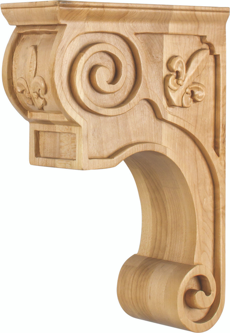 Hardware Resources CORT-FALD: 3-3/8" x 8" x 11-3/4" Scrolled Fleur-De-Lis Corbel - Alder