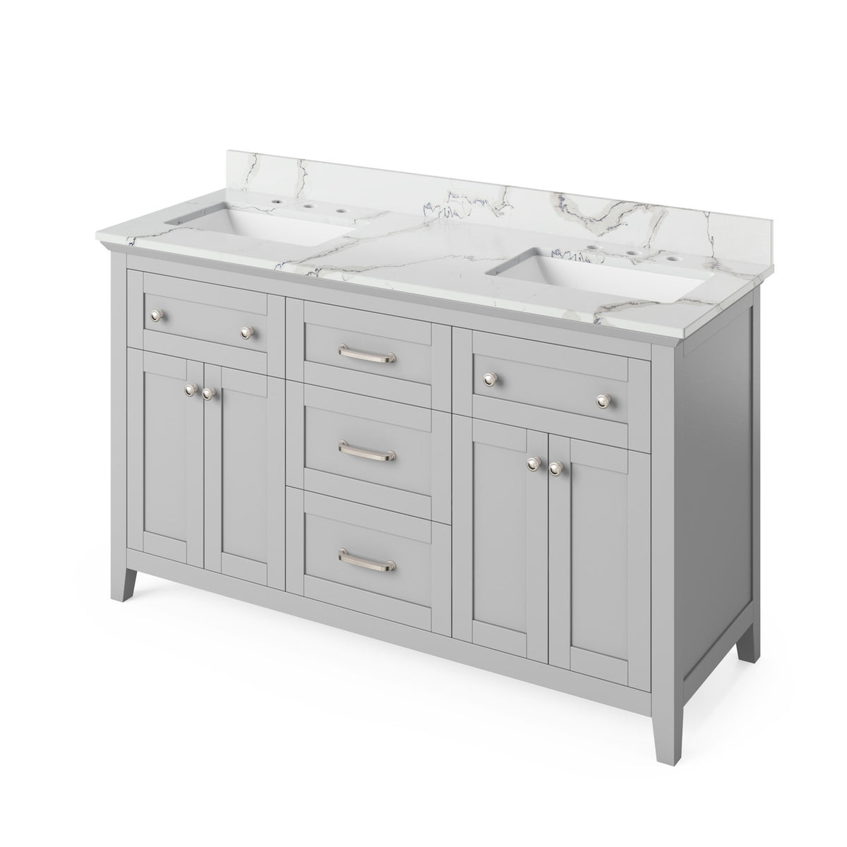 Jeffrey Alexander 60" Chatham Double Bowl Vanity - Grey Cabinet with Calacatta Vienna Quartz Top