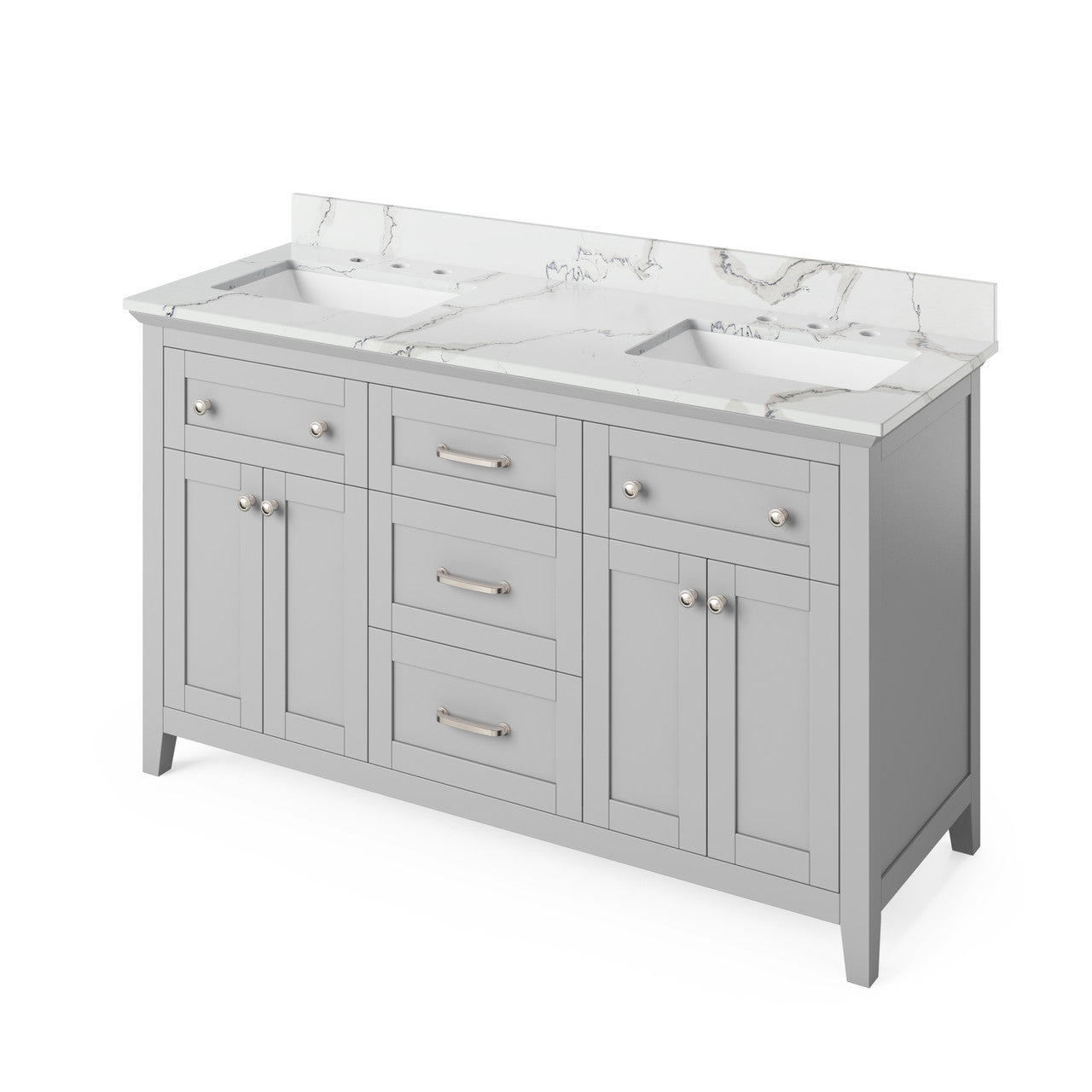 Jeffrey Alexander 60" Chatham Double Bowl Vanity - Grey Cabinet with Calacatta Vienna Quartz Top