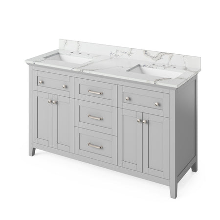 Jeffrey Alexander 60" Chatham Double Bowl Vanity - Grey Cabinet with Calacatta Vienna Quartz Top