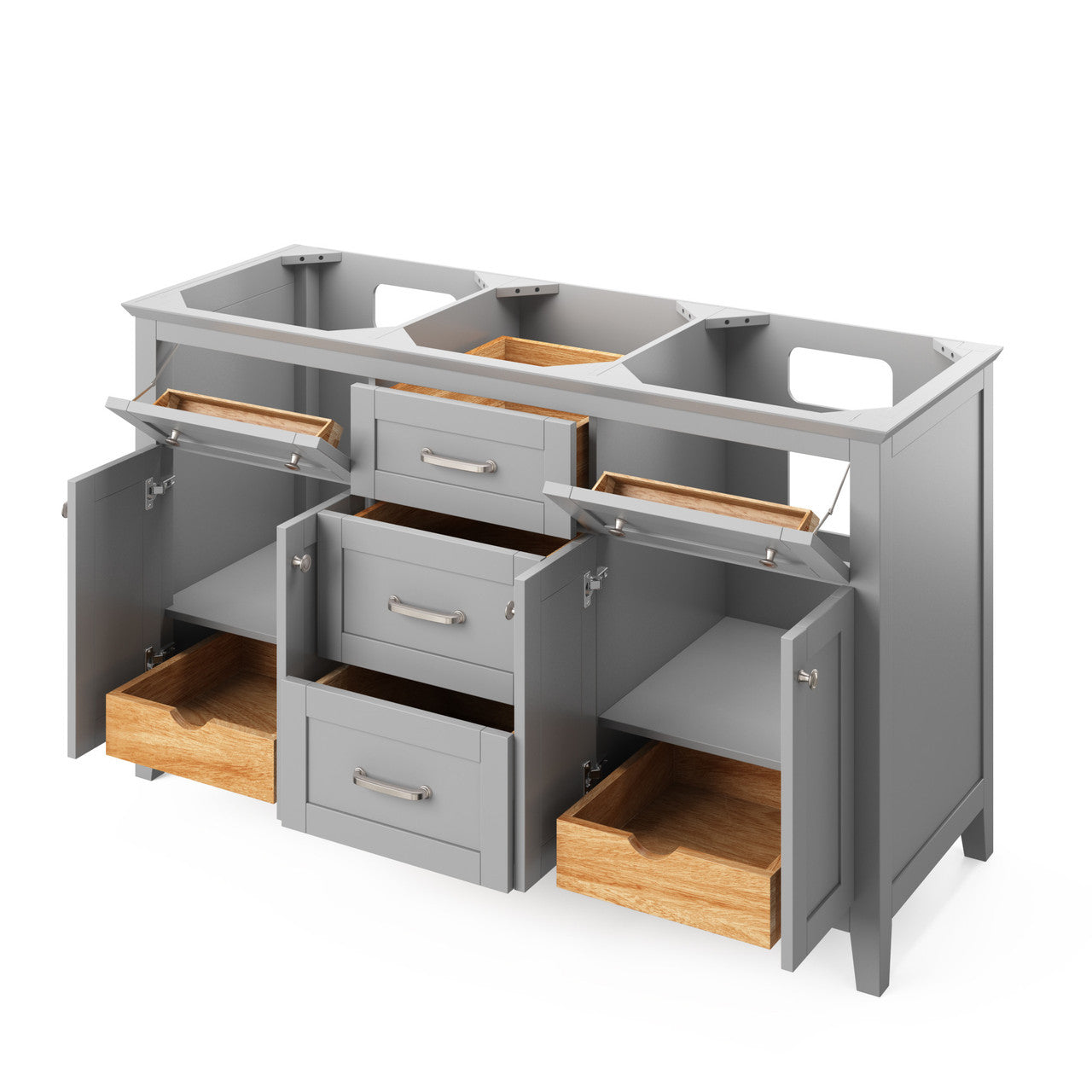 Cabinet showing open doors and/or drawers.