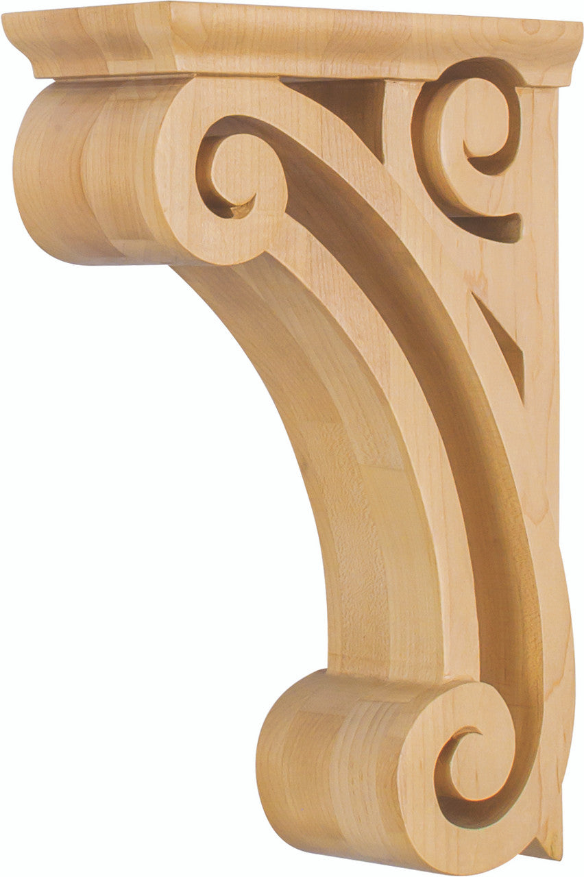 Hardware Resources COR2-1RW: 3" x 6-5/8" x 10" Open Space Scroll Corbel - Rubberwood