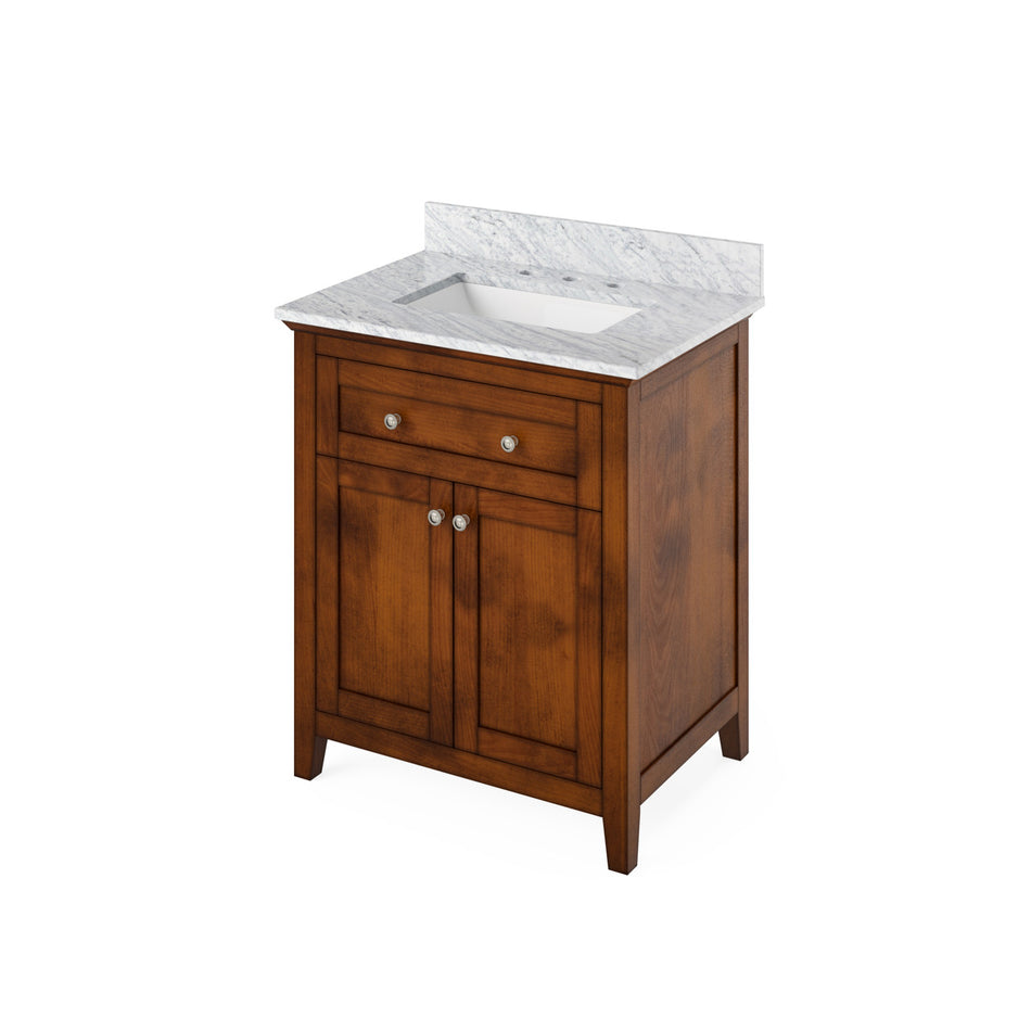 Jeffrey Alexander 30" Chatham Single Bowl Vanity - Chocolate Cabinet with White Carrara Marble Top