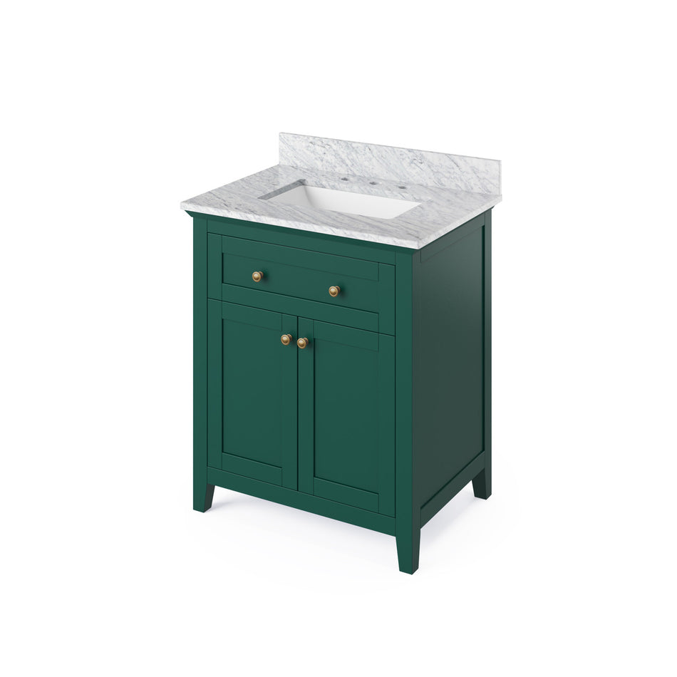 Jeffrey Alexander 30" Chatham Single Bowl Vanity - Green Cabinet with White Carrara Marble Top