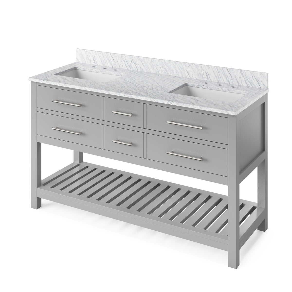 Jeffrey Alexander 60" Wavecrest Double Bowl Vanity - Grey Cabinet with White Carrara Marble Top