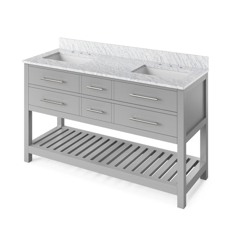 Jeffrey Alexander 60" Wavecrest Double Bowl Vanity - Grey Cabinet with White Carrara Marble Top