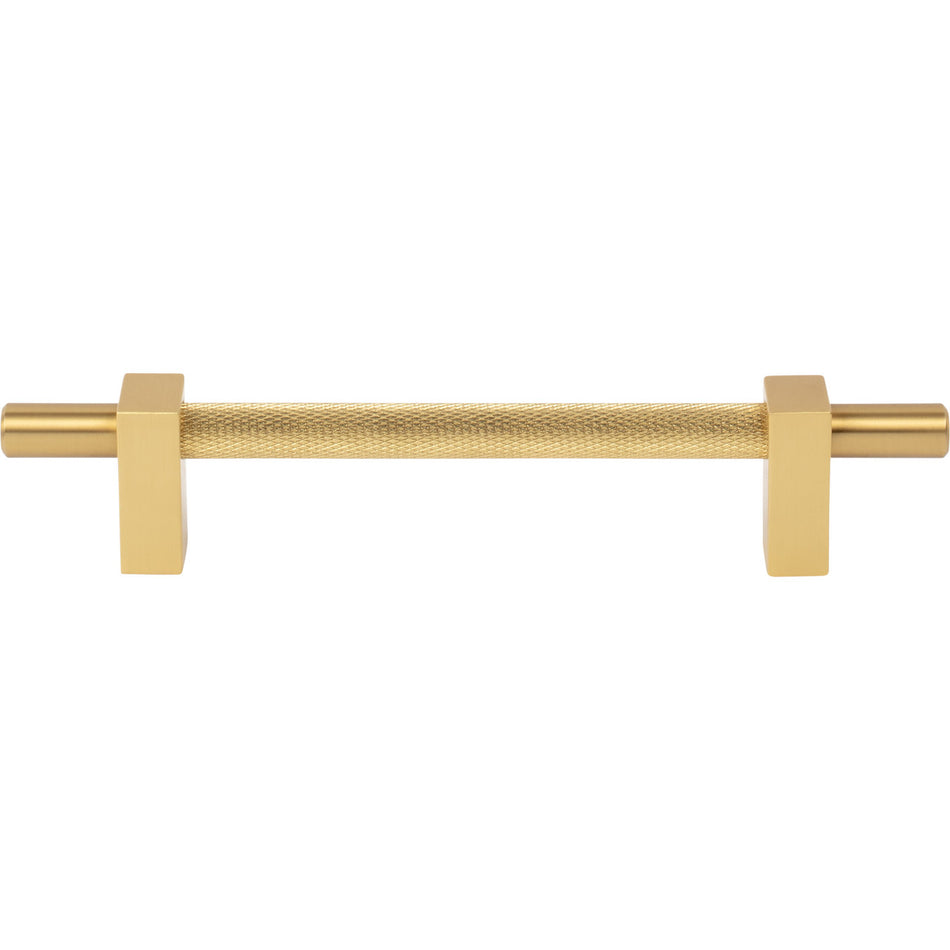 Jeffrey Alexander 598-128BG: 128mm cc Larkin Knurled Center Bar Cabinet Pull - Brushed Gold