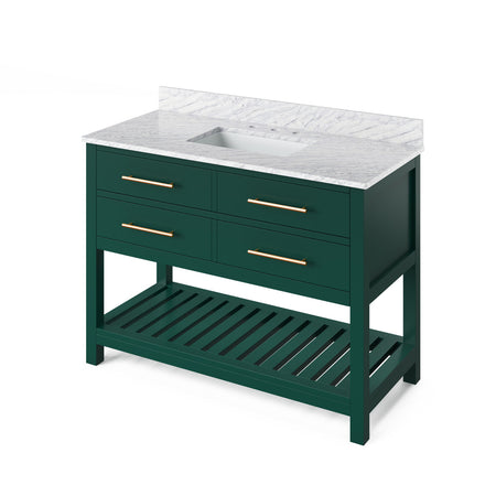 Jeffrey Alexander 48" Wavecrest Single Bowl Vanity - Green Cabinet with White Carrara Marble Top