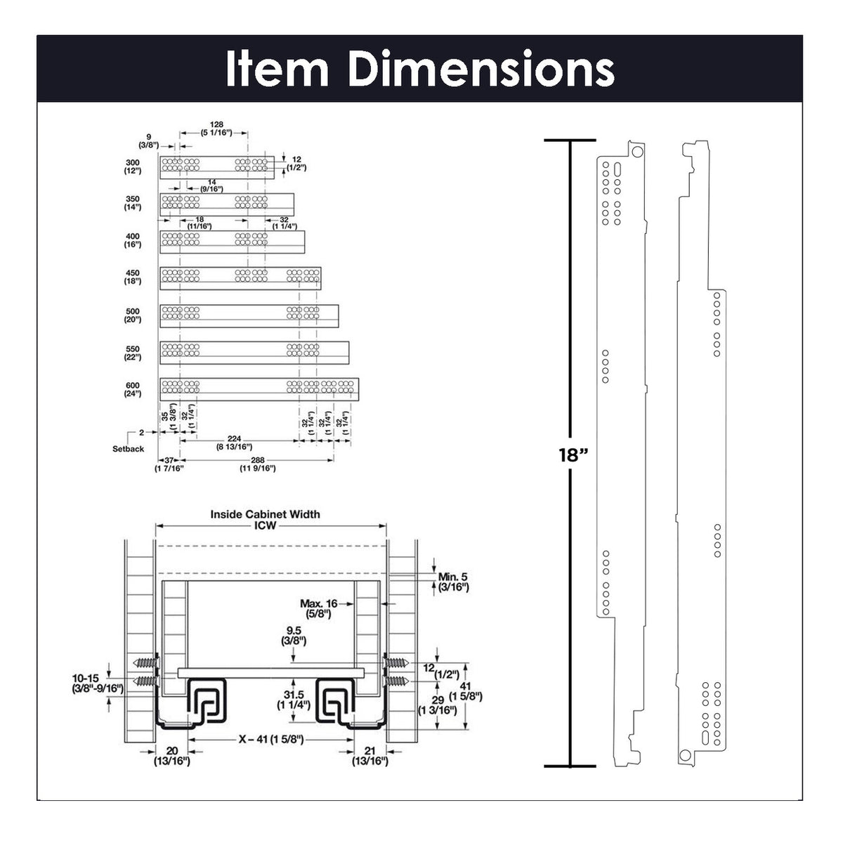 Hickory HH075213-2C: 18" Undermount Drawer Slide - Cadmium