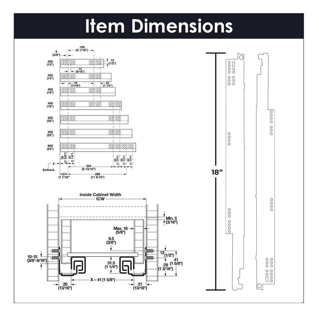 Hickory HH075213-2C: 18" Undermount Drawer Slide - Cadmium