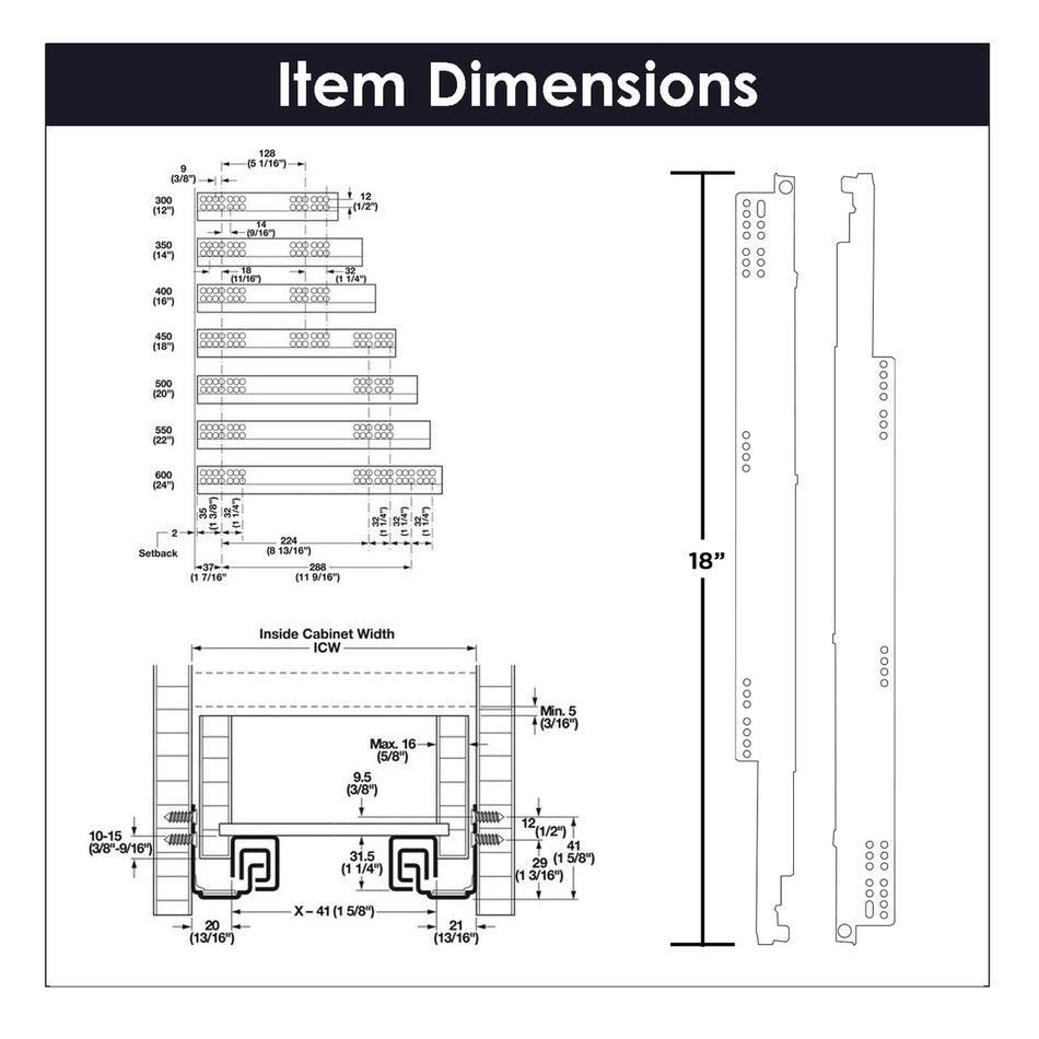 Hickory HH075213-2C: 18" Undermount Drawer Slide - Cadmium