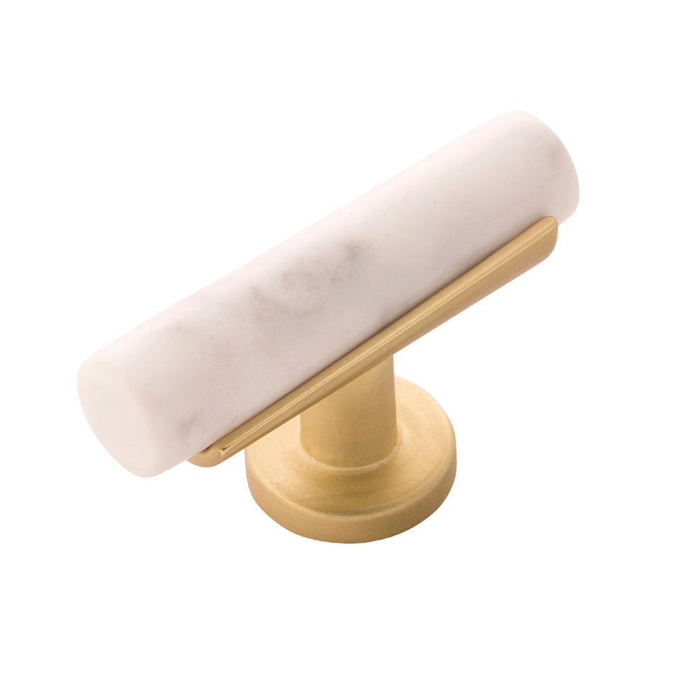 Belwith B077041MW-BGB: 2-1/2" Firenze T-Bar Cabinet Knob - White Marble/Brushed Golden Brass