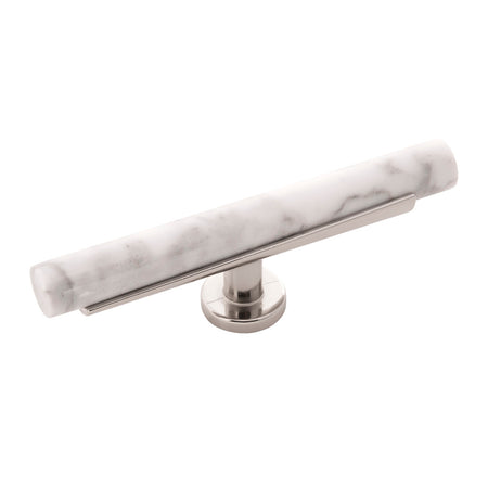 Belwith B077044MW-14: 5" Firenze T-Bar Cabinet Knob - White Marble/Polished Nickel