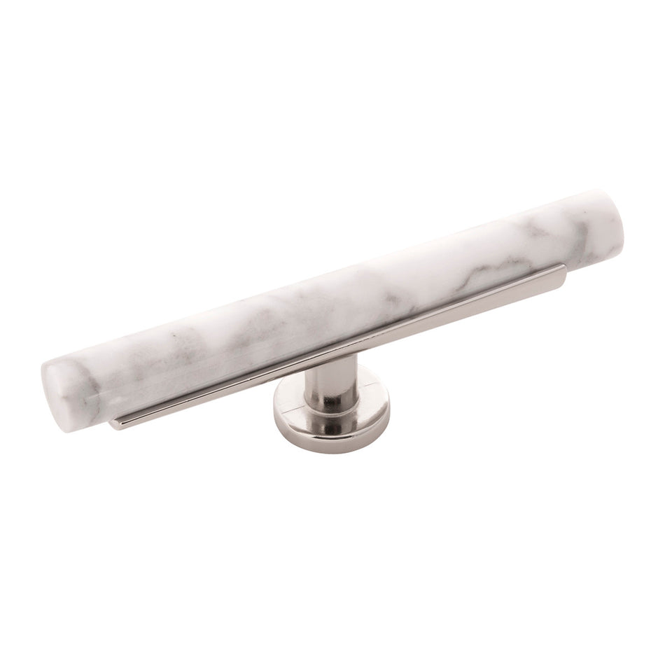 Belwith B077044MW-14: 5" Firenze T-Bar Cabinet Knob - White Marble/Polished Nickel