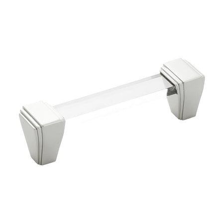 Belwith B077503-14: 96mm cc Belleclaire Cabinet Pull - Crysacrylic/Polished Nickel