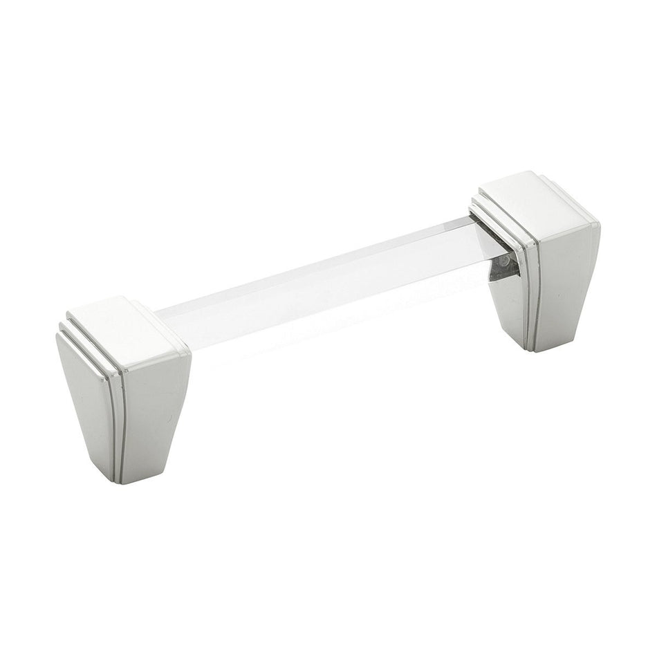 Belwith B077503-14: 96mm cc Belleclaire Cabinet Pull - Crysacrylic/Polished Nickel