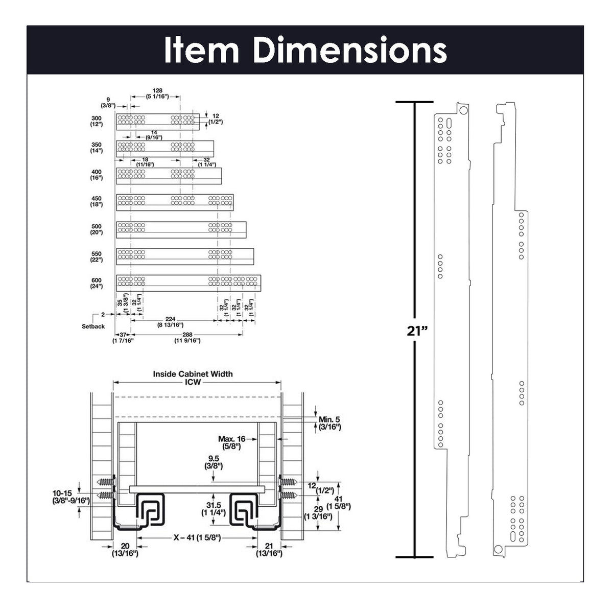 Hickory HH075214-2C: 21" Undermount Drawer Slide - Cadmium
