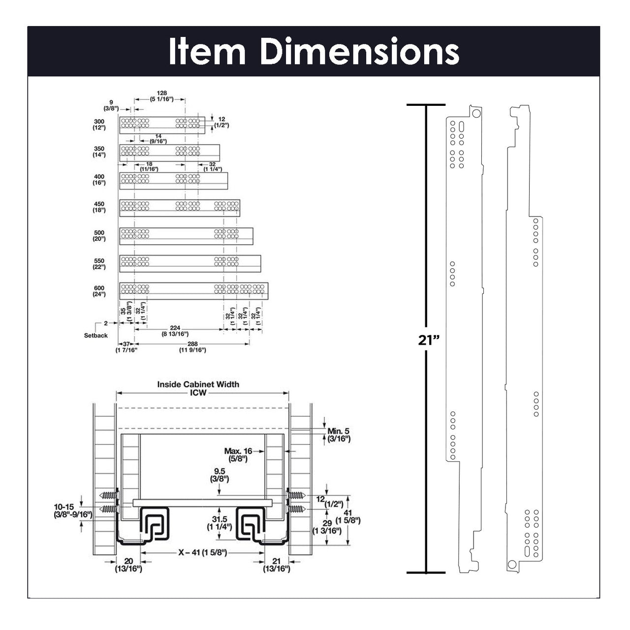 Hickory HH075214-2C: 21" Undermount Drawer Slide - Cadmium