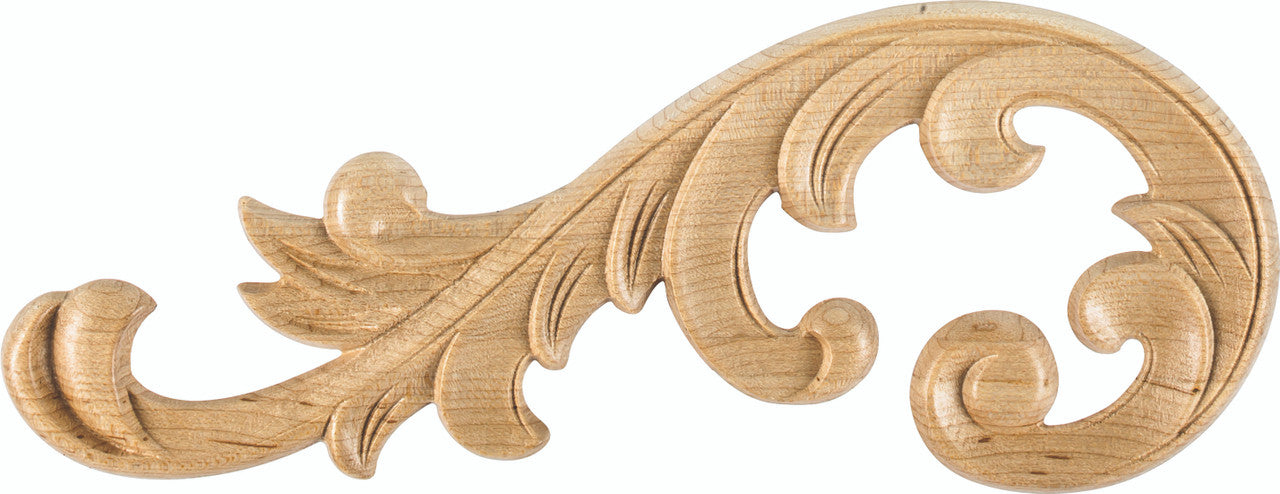 Hardware Resources APL-11-L-MP: 10-5/8" x 1/4" x 4" Acanthus Applique (left) - Maple