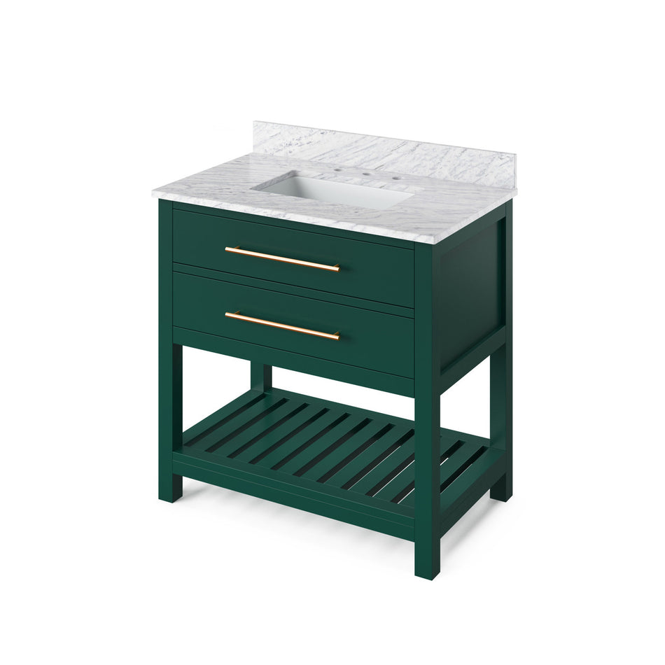 Jeffrey Alexander 36" Wavecrest Single Bowl Vanity - Green Cabinet with White Carrara Marble Top