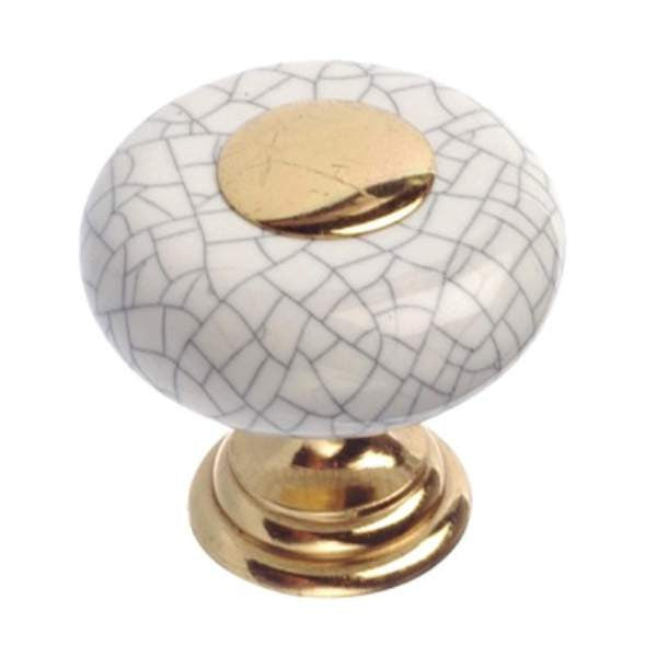 Richelieu BP33477130304: 32mm Cherbourg Ceramic Cabinet Knob - Polished Brass/Crackled White