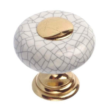 Richelieu BP33477130304: 32mm Cherbourg Ceramic Cabinet Knob - Polished Brass/Crackled White