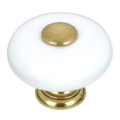 Richelieu BP338130: 1-1/4" Cherbourg Ceramic Cabinet Knob - Brass/White