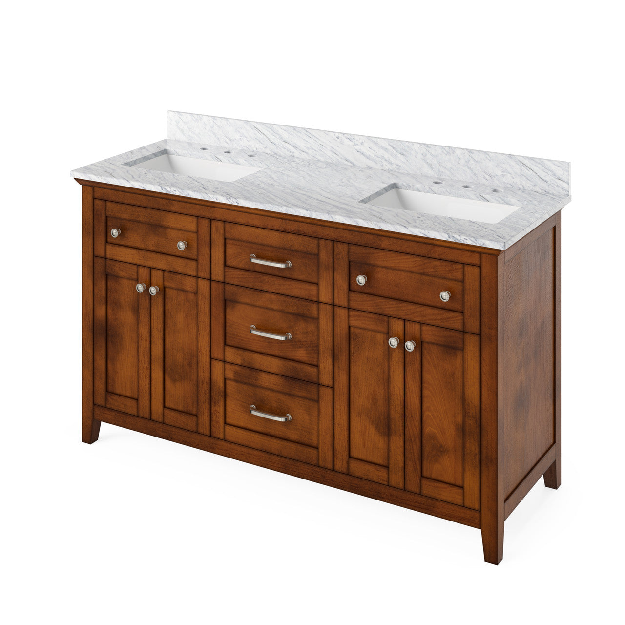 Jeffrey Alexander 60" Chatham Double Bowl Vanity - Chocolate Cabinet with White Carrara Marble Top