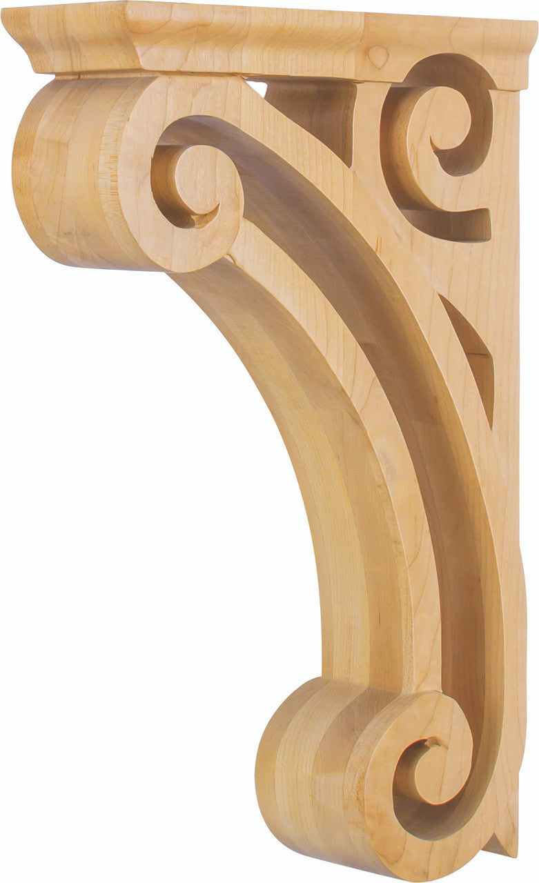 Hardware Resources COR2-2RW: 3" x 9-3/8" x 14" Open Space Scroll Corbel - Rubberwood