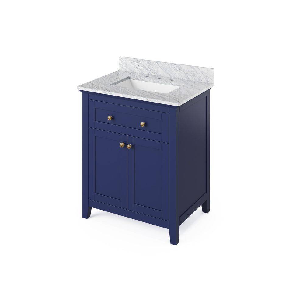 Jeffrey Alexander 30" Chatham Single Bowl Vanity - Hale Blue Cabinet with White Carrara Marble Top