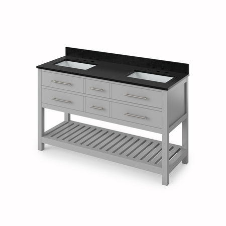Jeffrey Alexander 60" Wavecrest Double Bowl Vanity - Grey Cabinet with Black Granite Top
