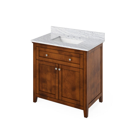Jeffrey Alexander 36" Chatham Single Bowl Vanity - Chocolate Cabinet with White Carrara Marble Top