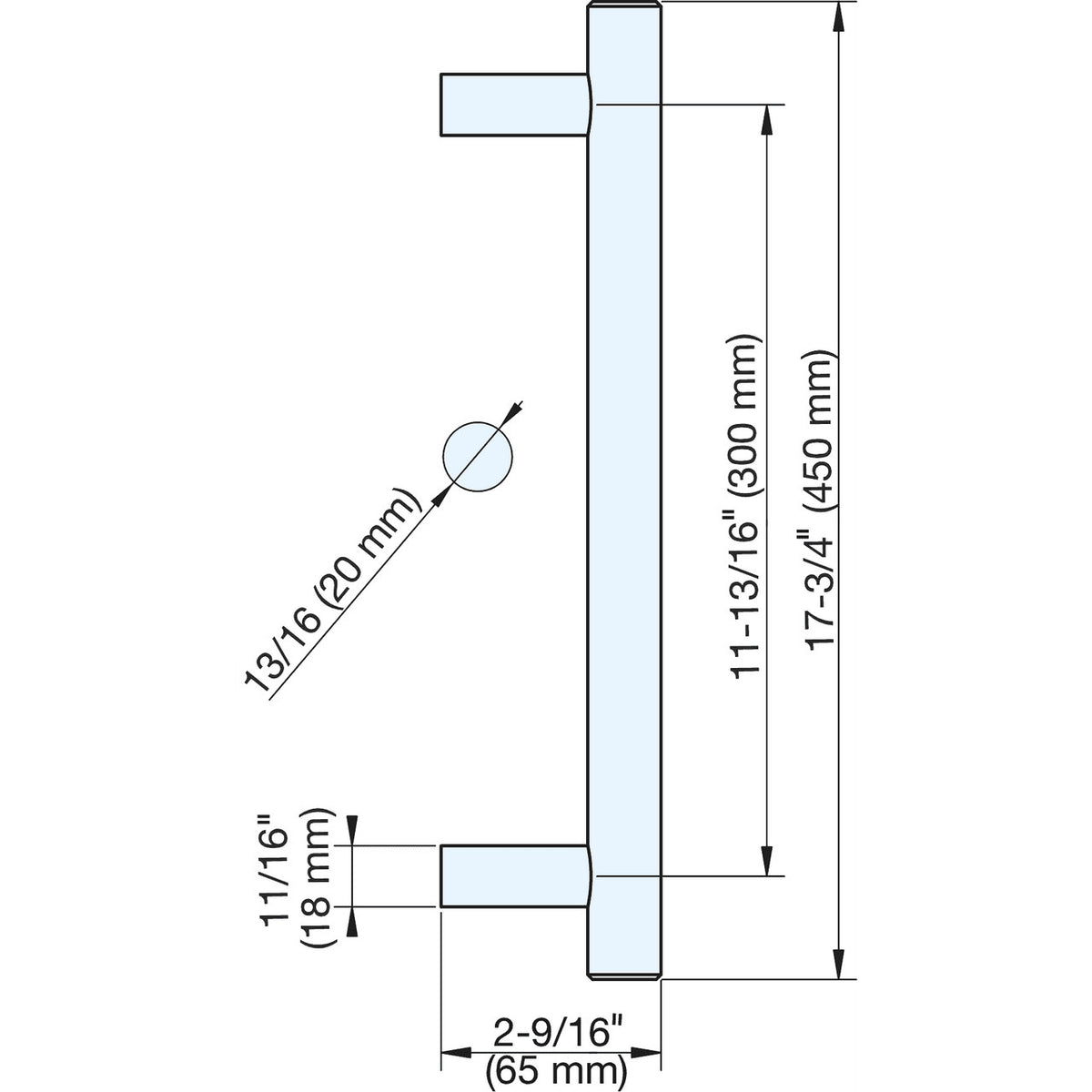 Sugatsune DSI-2000-20-30E: 300mm cc Exterior Bar Door Pull - Stainless Steel technical drawing