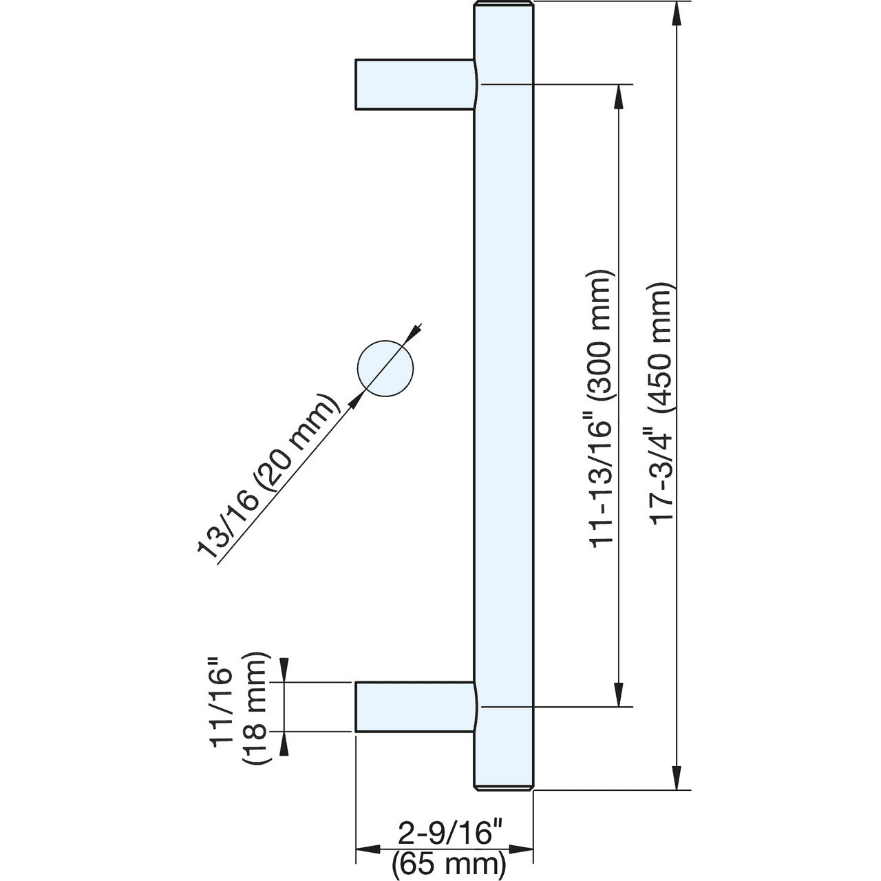 Sugatsune DSI-2000-20-30E: 300mm cc Exterior Bar Door Pull - Stainless Steel technical drawing