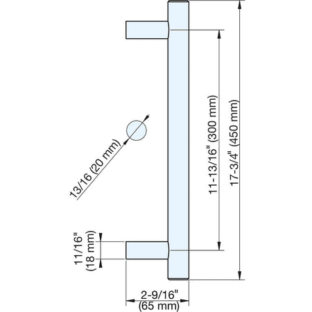 Sugatsune DSI-2000-20-30E: 300mm cc Exterior Bar Door Pull - Stainless Steel technical drawing