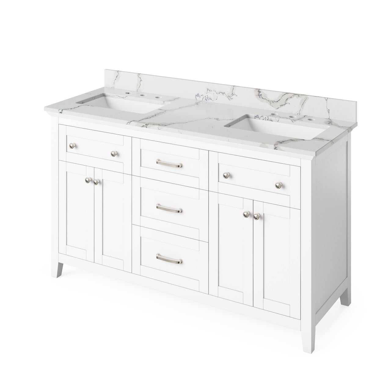 Jeffrey Alexander 60" Chatham Double Bowl Vanity - White Cabinet with Calacatta Vienna Quartz Top
