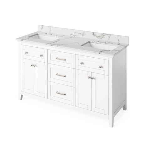 Jeffrey Alexander 60" Chatham Double Bowl Vanity - White Cabinet with Calacatta Vienna Quartz Top