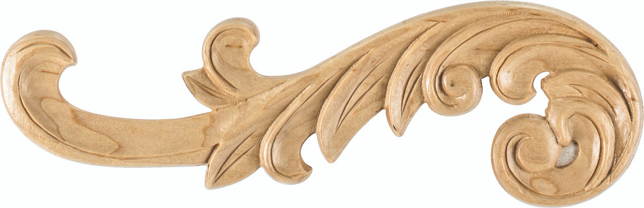 Hardware Resources APL-05-L-MP: 10-3/8" x 1/4" x 3-1/4" Curved Acanthus Applique (left) - Maple