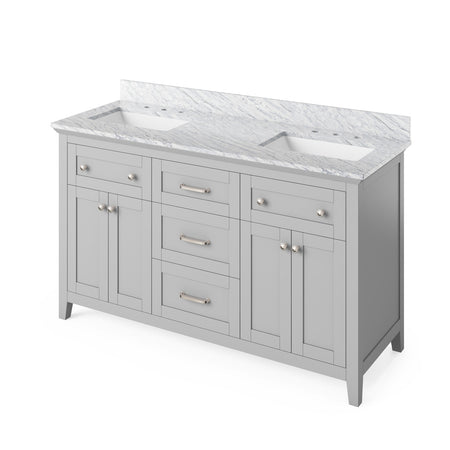 Jeffrey Alexander 60" Chatham Double Bowl Vanity - Grey Cabinet with White Carrara Marble Top